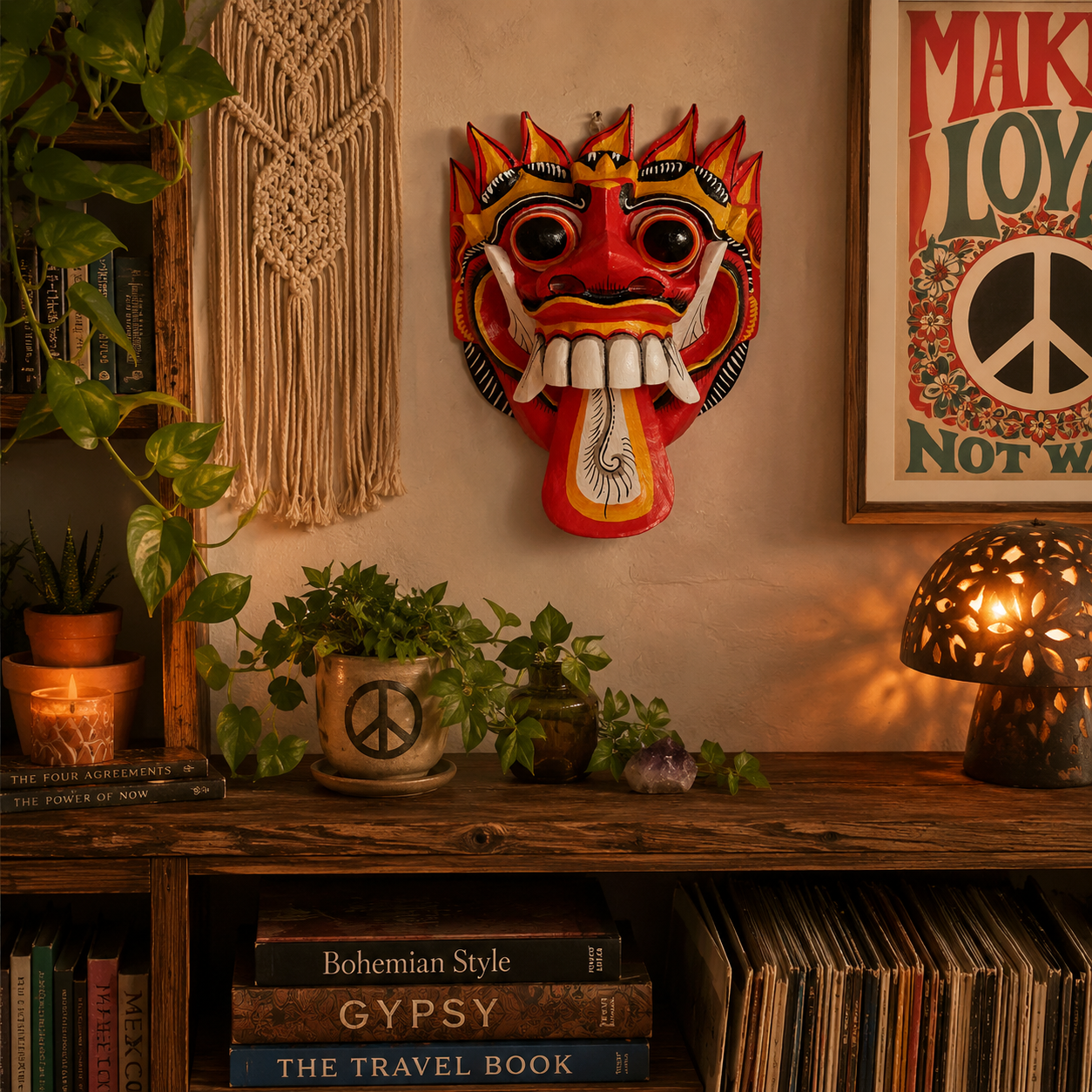 The Rangda mask is a traditional Balinese mask seen in the Barong dance. The mask depicts Rangda who is the queen of witches and represents the personification of all evil. She is depicted with a grotesque visage with protruding fangs, wild goggle eyes and long tongue. In the dance, she leads a terrifying army of witches against the forces of good and their leader, Barong.Size: Approx: 23cm × 20cmHandmade and Fairtrade from Bali