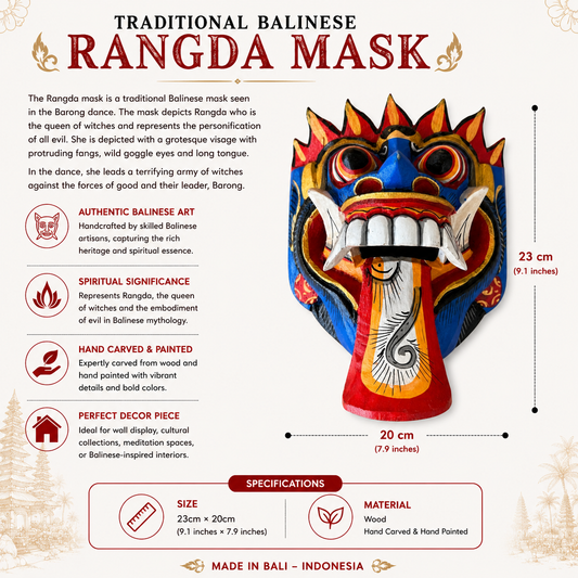 Hand carved Balinese Rangda Mask wall hanging featuring vibrant blue, red and gold colours, traditional tribal design and authentic Indonesian craftsmanship.