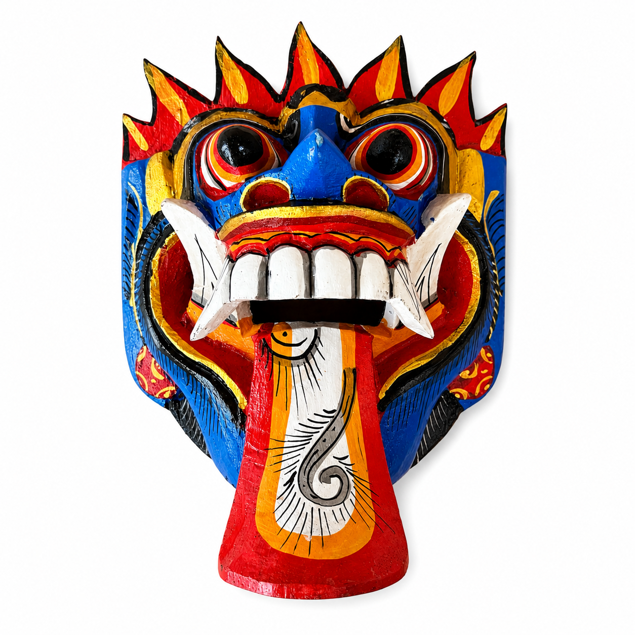 Hand carved Balinese Rangda Mask wall hanging featuring vibrant blue, red and gold colours, traditional tribal design and authentic Indonesian craftsmanship.