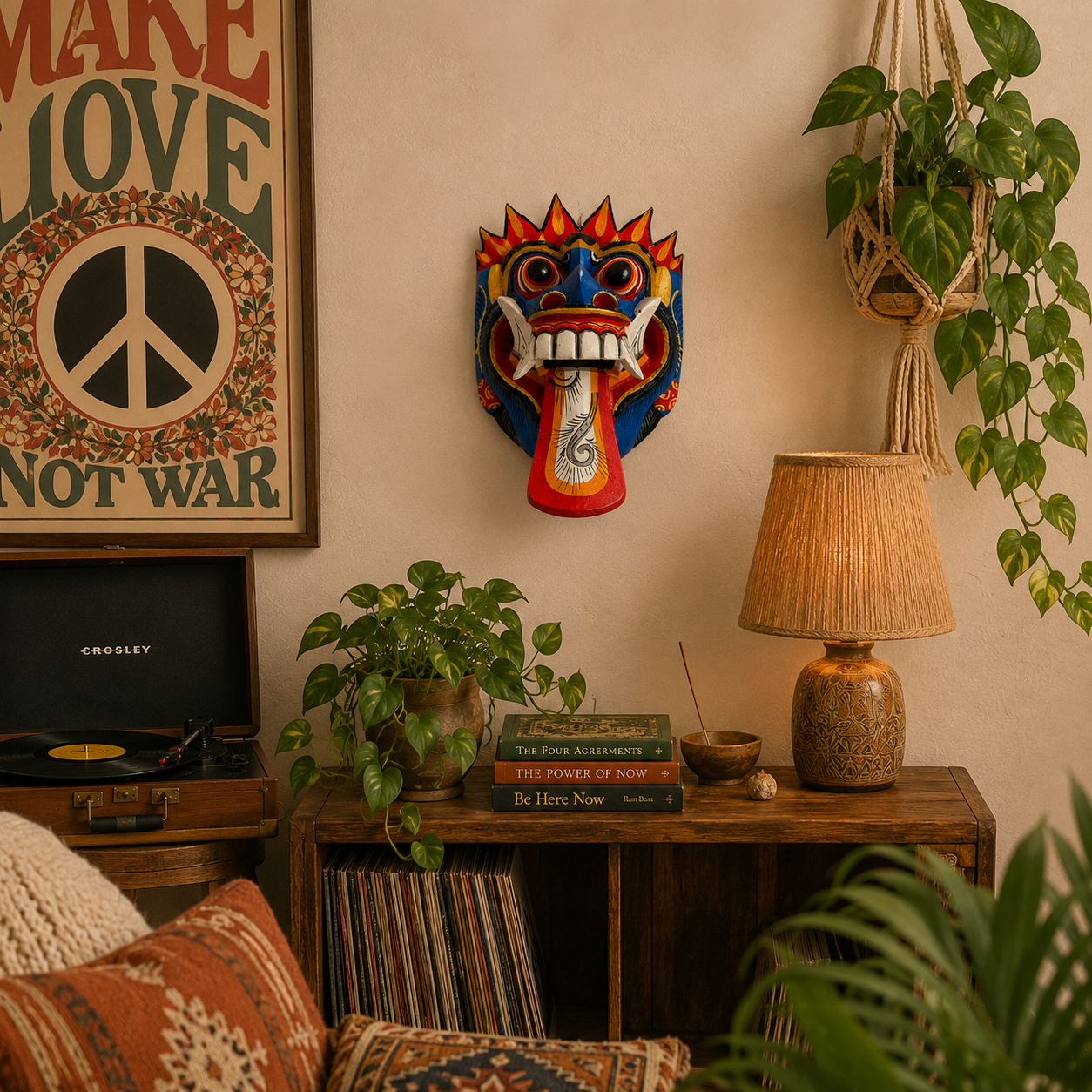 Hand carved Balinese Rangda Mask wall hanging featuring vibrant blue, red and gold colours, traditional tribal design and authentic Indonesian craftsmanship.