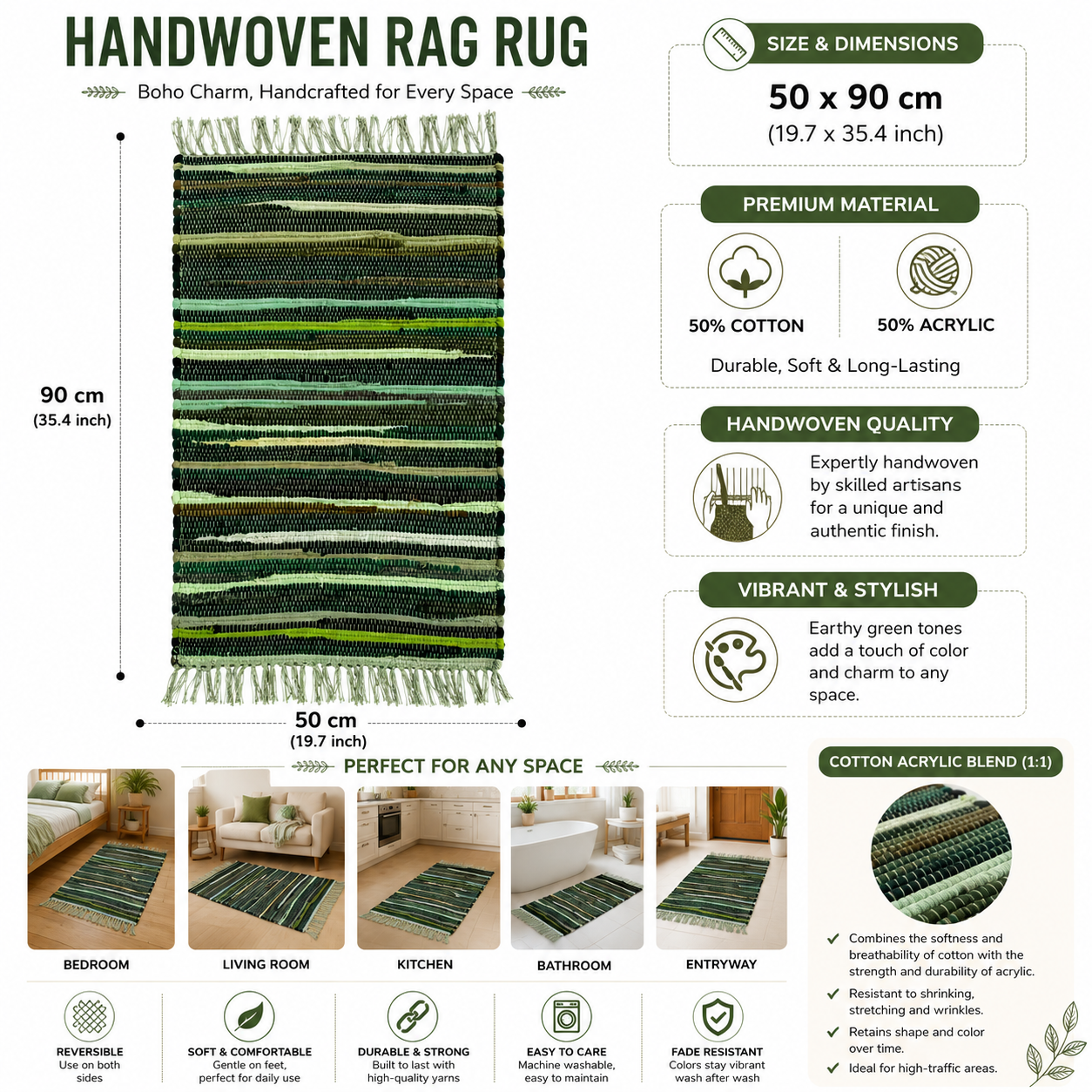 Premuim Quality Small Rag Rug | Natural Greens