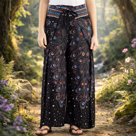 Peacock print rayon palazzo trousers handmade in Thailand. Lightweight, flowing festival, travel and meditation pants.