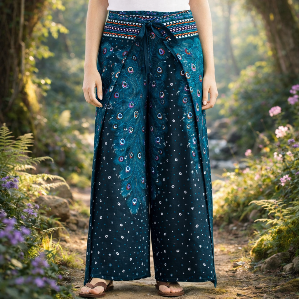 Peacock print rayon palazzo trousers handmade in Thailand. Lightweight, flowing festival, travel and meditation pants.