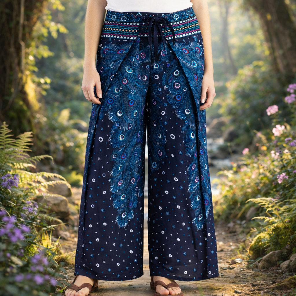 Peacock print rayon palazzo trousers handmade in Thailand. Lightweight, flowing festival, travel and meditation pants.