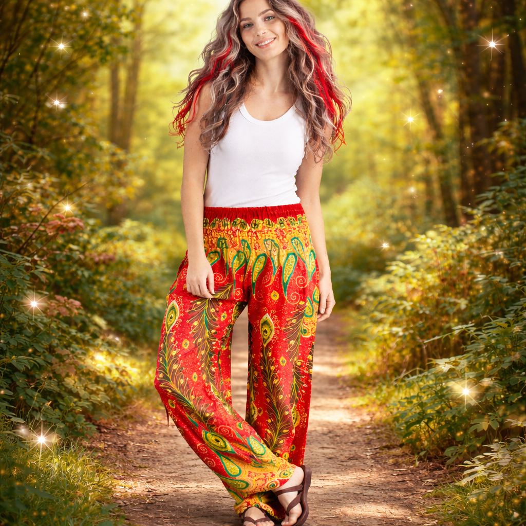 Peacock Feather Festival Trousers – Free size Rayon Hippie Pants

Peacock print rayon palazzo trousers handmade in Thailand. Lightweight, flowing festival, travel and meditation pants.