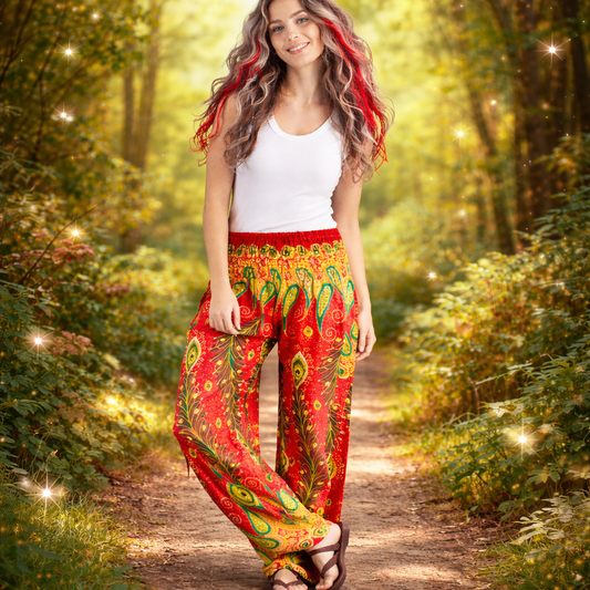 Peacock Feather Festival Trousers – Free size Rayon Hippie Pants

Peacock print rayon palazzo trousers handmade in Thailand. Lightweight, flowing festival, travel and meditation pants.