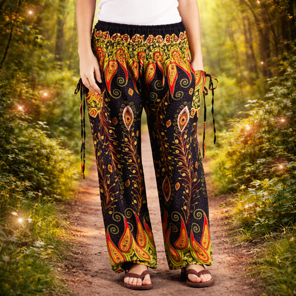 Peacock Feather Festival Trousers – Free size Rayon Hippie Pants

Peacock print rayon palazzo trousers handmade in Thailand. Lightweight, flowing festival, travel and meditation pants.