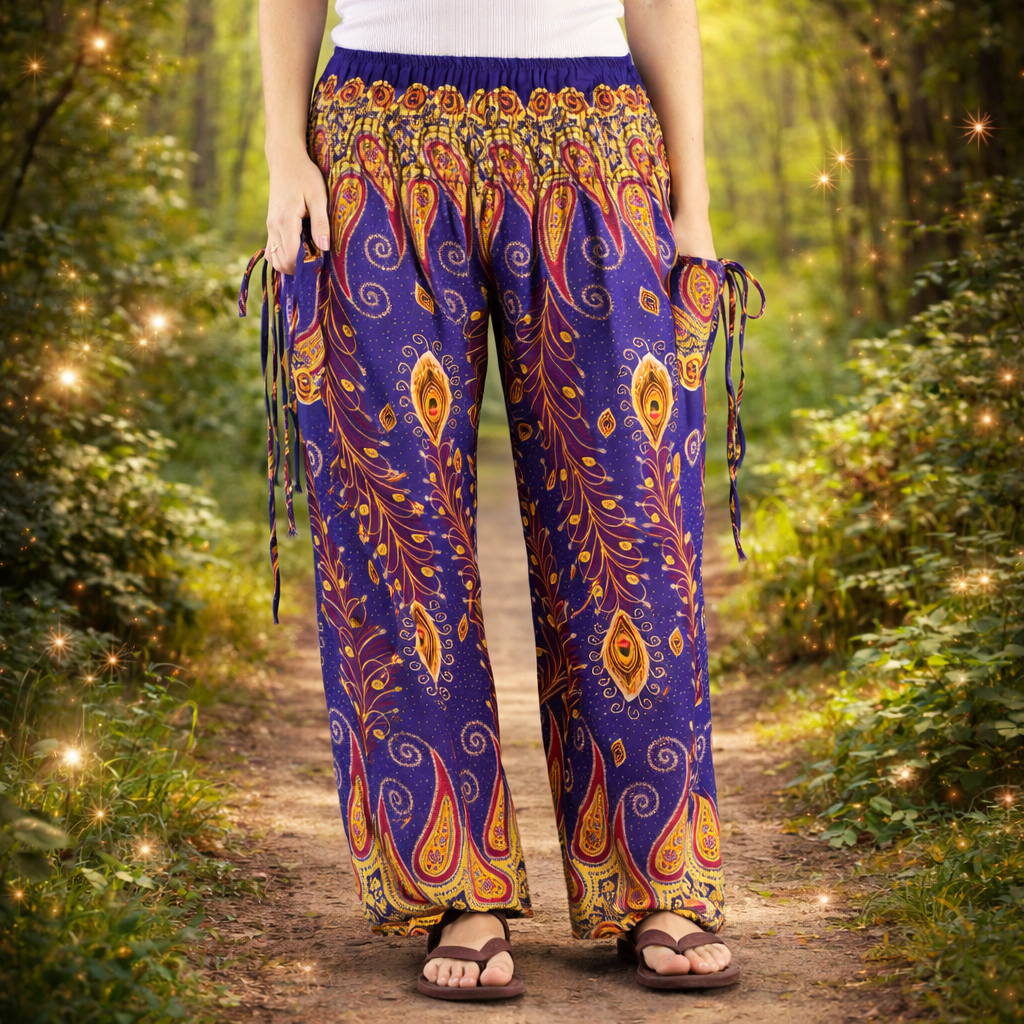 Peacock Feather Festival Trousers – Free size Rayon Hippie Pants

Peacock print rayon palazzo trousers handmade in Thailand. Lightweight, flowing festival, travel and meditation pants.