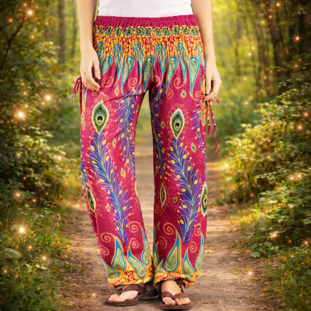 Peacock Feather Festival Trousers – Free size Rayon Hippie Pants

Peacock print rayon palazzo trousers handmade in Thailand. Lightweight, flowing festival, travel and meditation pants.