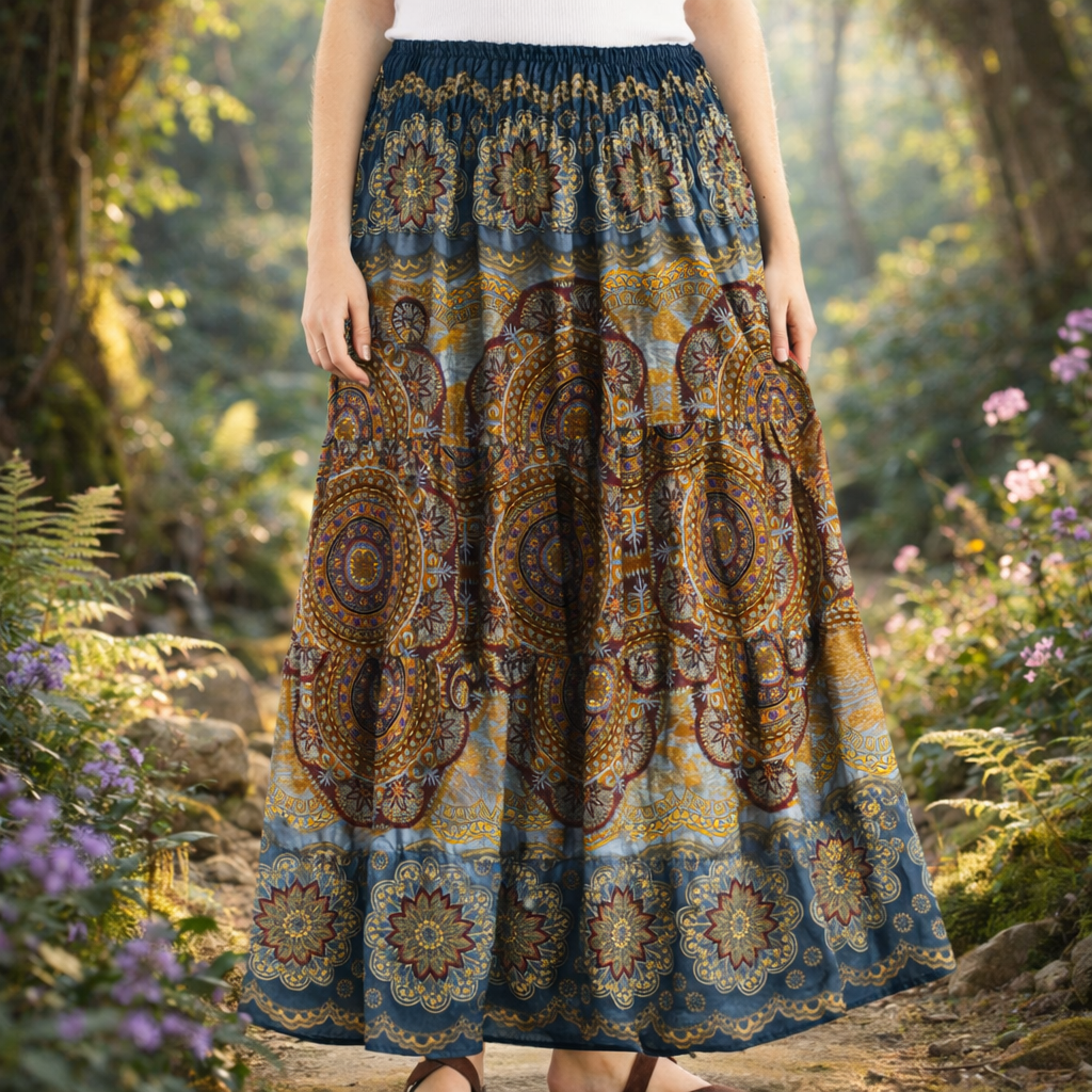 Mandala print rayon long skirt handmade in Thailand. Freesize festival skirt for travel, meditation and summer boho style.