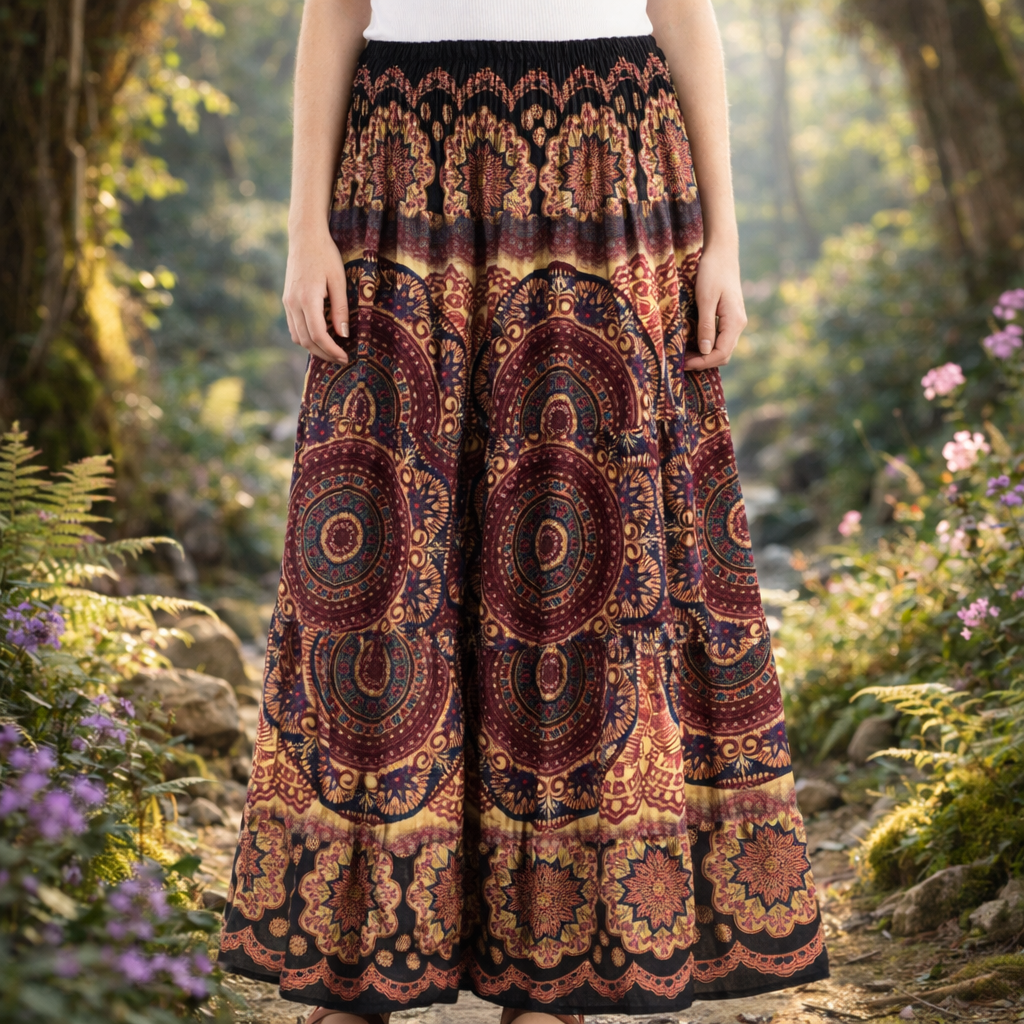 Mandala Print Rayon Long Skirt – Freesize Festival Boho Skirt