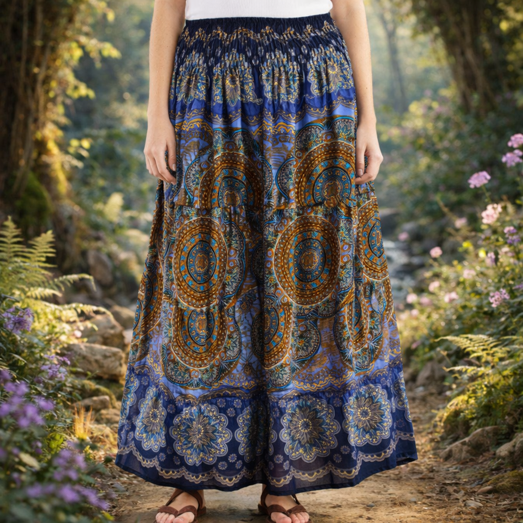 Mandala print rayon long skirt handmade in Thailand. Freesize festival skirt for travel, meditation and summer boho style.