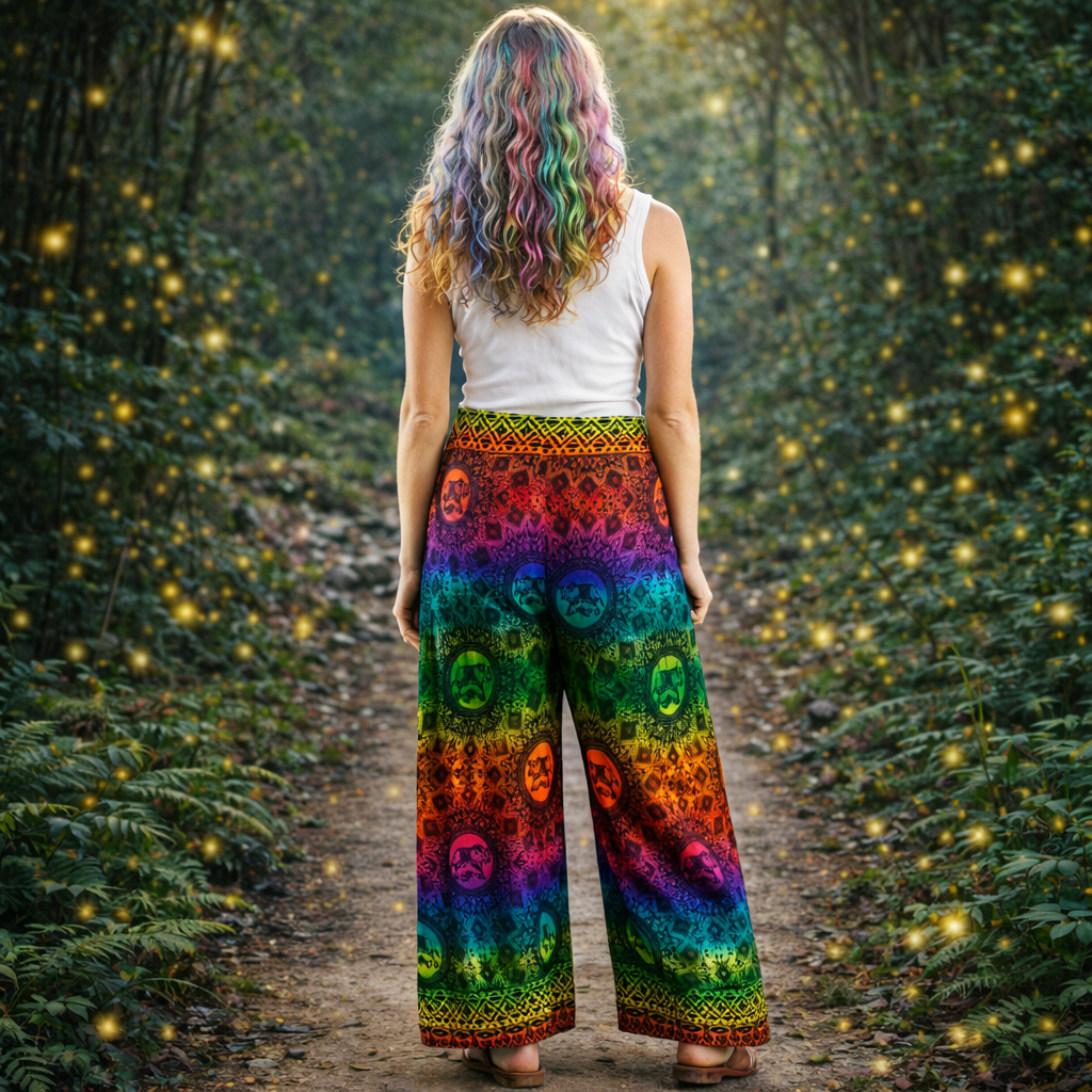 Rainbow Print Tie Waist Rayon Trousers Elephant Festival Pants

Peacock print rayon palazzo trousers handmade in Thailand. Lightweight, flowing festival, travel and meditation pants.