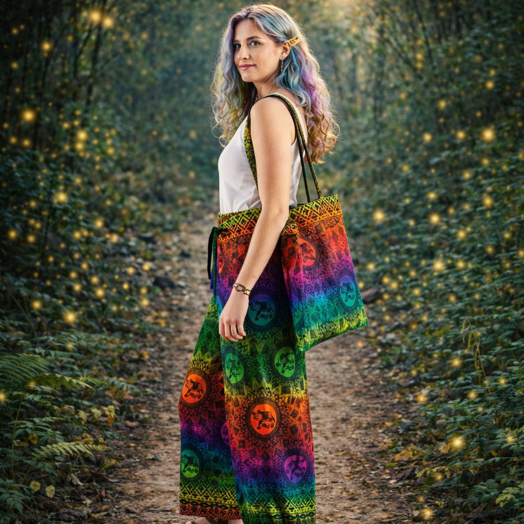Rainbow Print Tie Waist Rayon Trousers Elephant Festival Pants

Peacock print rayon palazzo trousers handmade in Thailand. Lightweight, flowing festival, travel and meditation pants.
