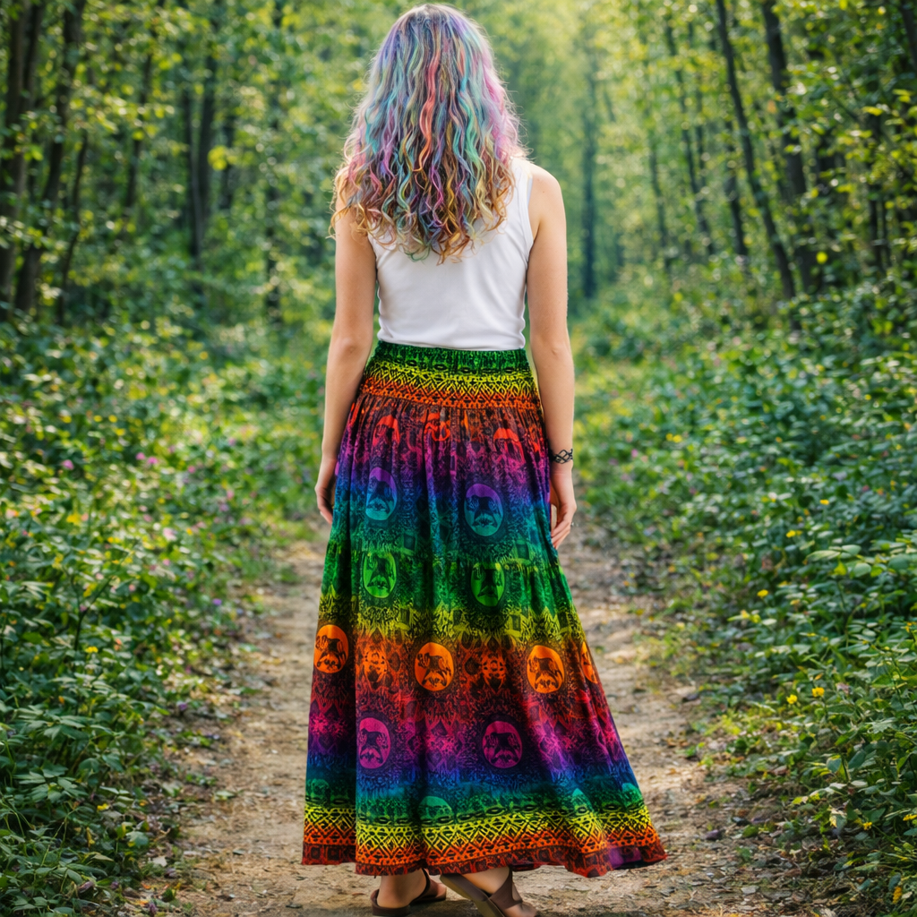 Rainbow print rayon long skirt with elephant mandala design. Freesize festival skirt handmade in Thailand for travel and summer wear.