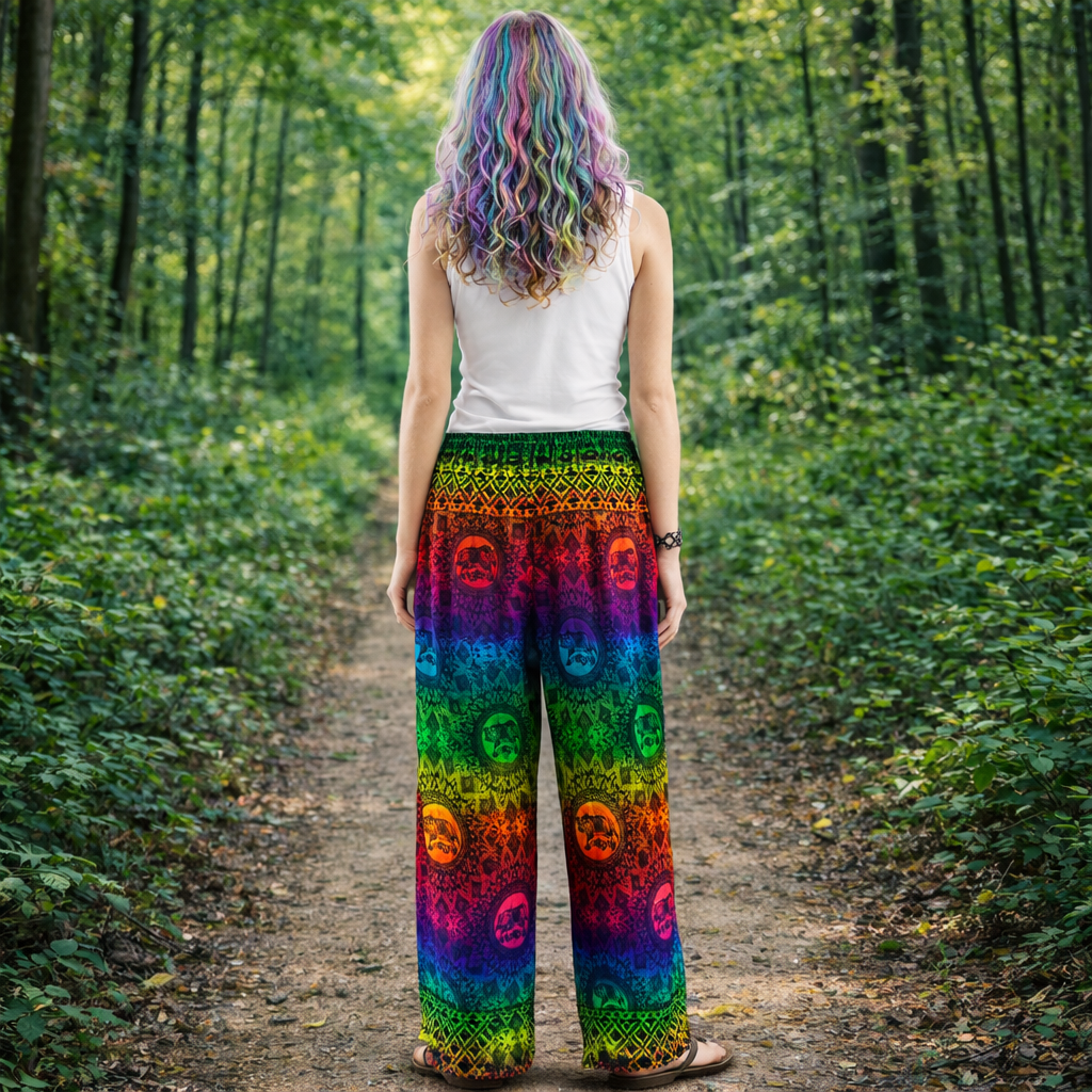 Rainbow Print Tie Waist Rayon Trousers – Elephant Mandala Festival Pants