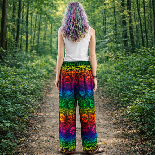 Rainbow Print Tie Waist Rayon Trousers – Elephant Mandala Festival Pants