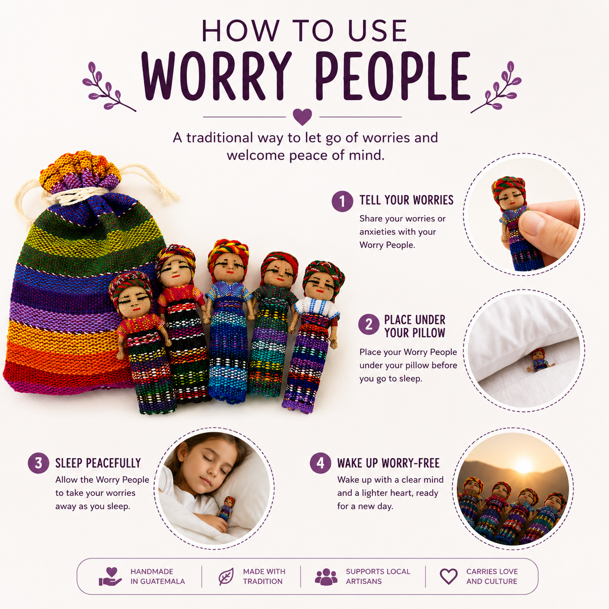 Guatemalan Worry People in Colourful Drawstring Pouch