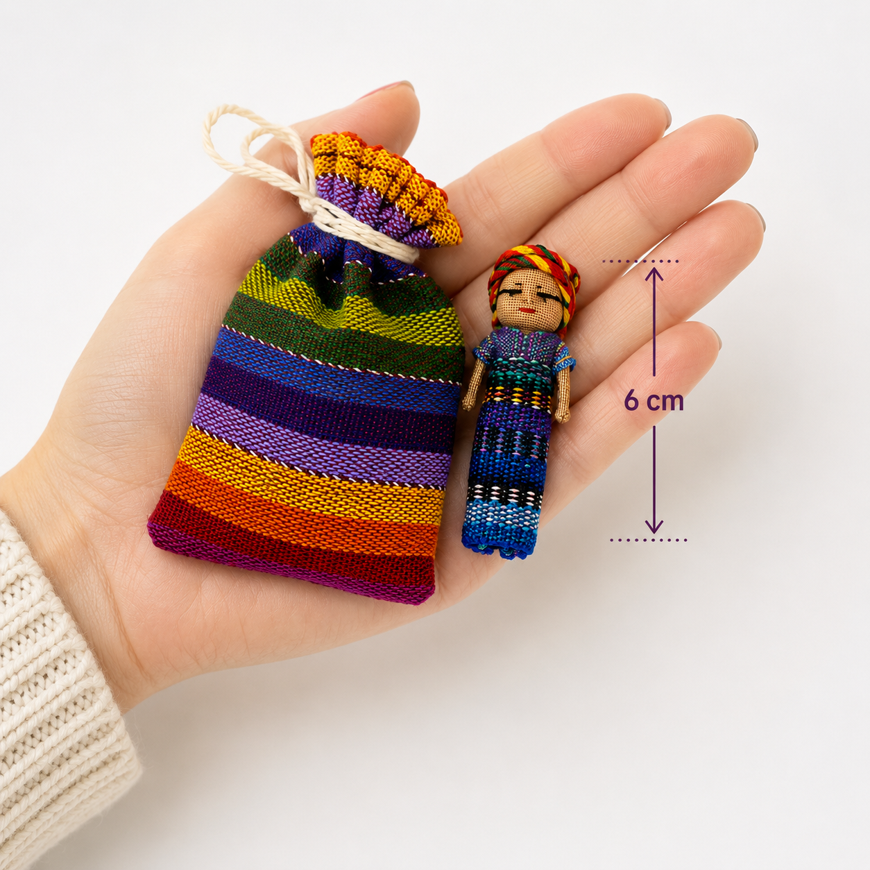 Guatemalan Worry People in Colourful Drawstring Pouch