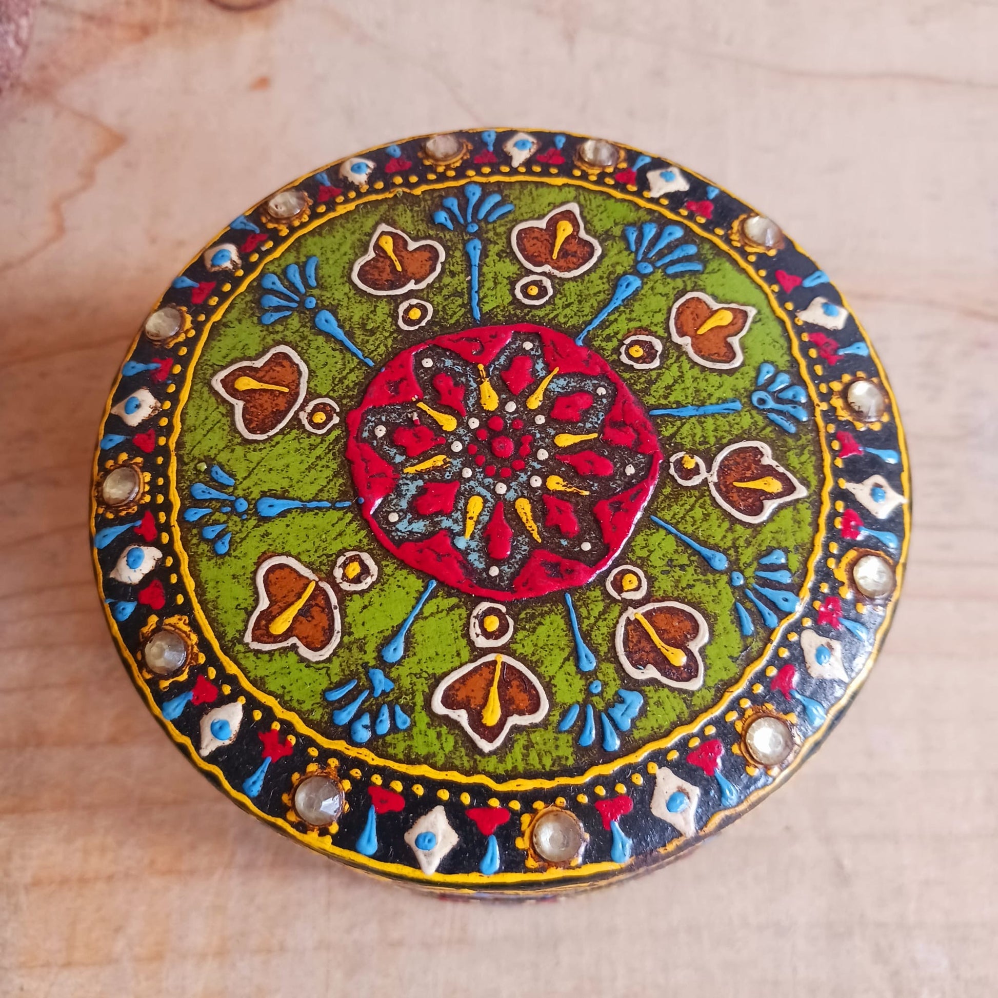 Hand painted Indian Round Jewellery Box  | Trinket Box | Multi