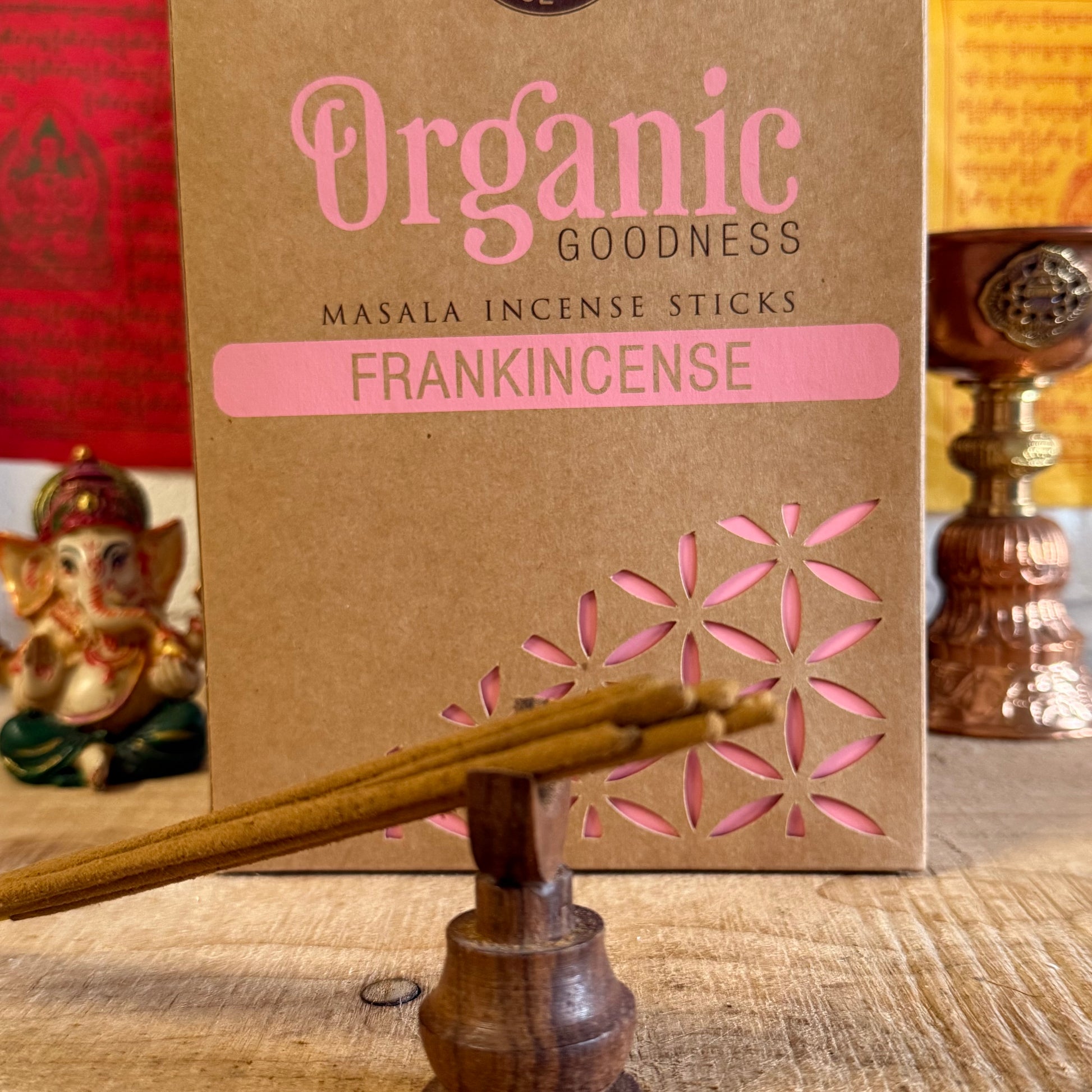 Discover the calming essence of Organic Goodness Song of India Frankincense Incense, crafted with love and tradition in India. This exquisite incense combines 96% organic ingredients, including natural wood powder and herbal essential oil extracts, hand-rolled to perfection. The warm, resinous aroma of frankincense brings a sacred, earthy scent with subtle hints of citrus and pine, creating a deeply enriching and meditative atmosphere.

Perfect for meditation, relaxation, or simply elevating your space, thi