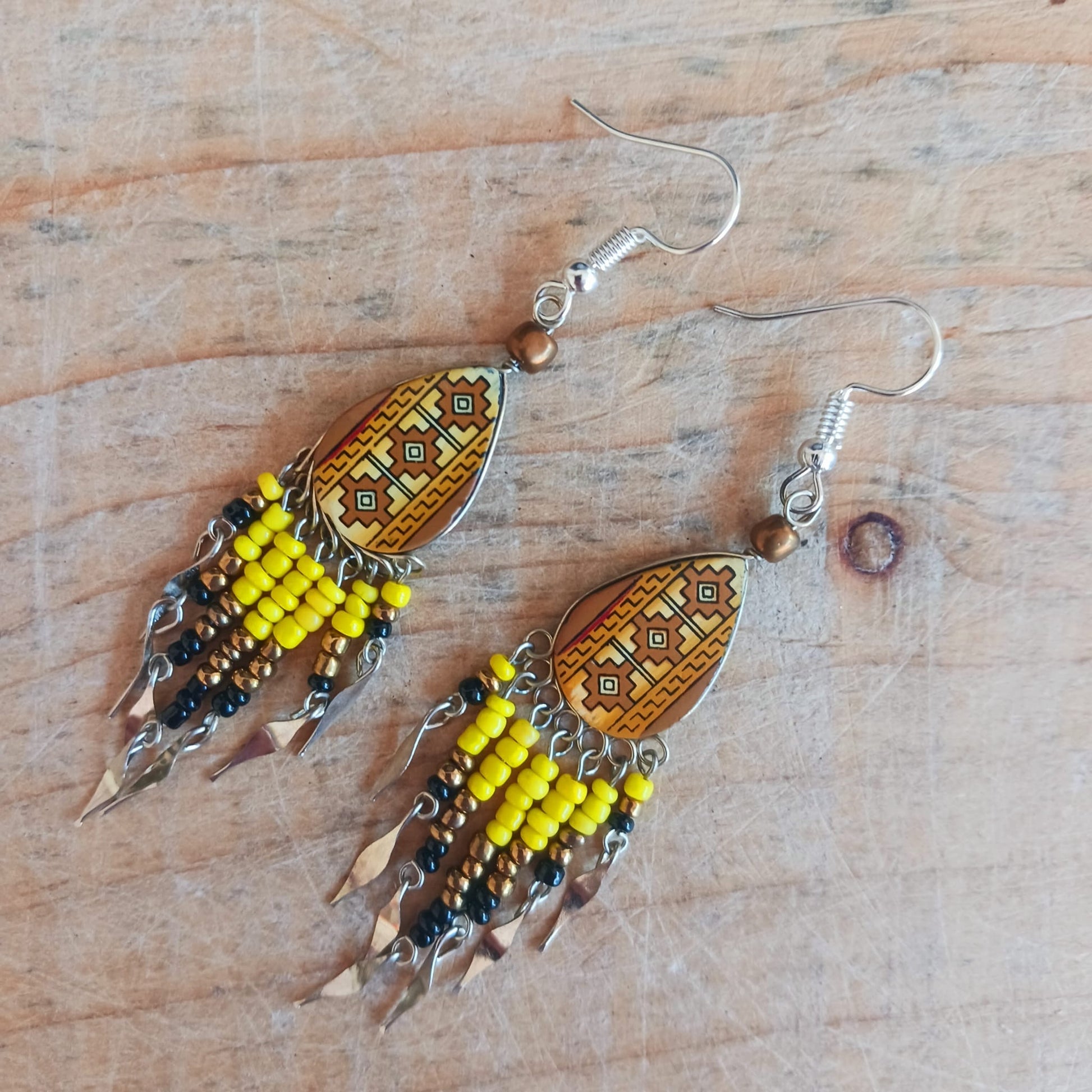 Incan Patterned Peruvian Tear Drop Earrings with Silver Plated Hooks