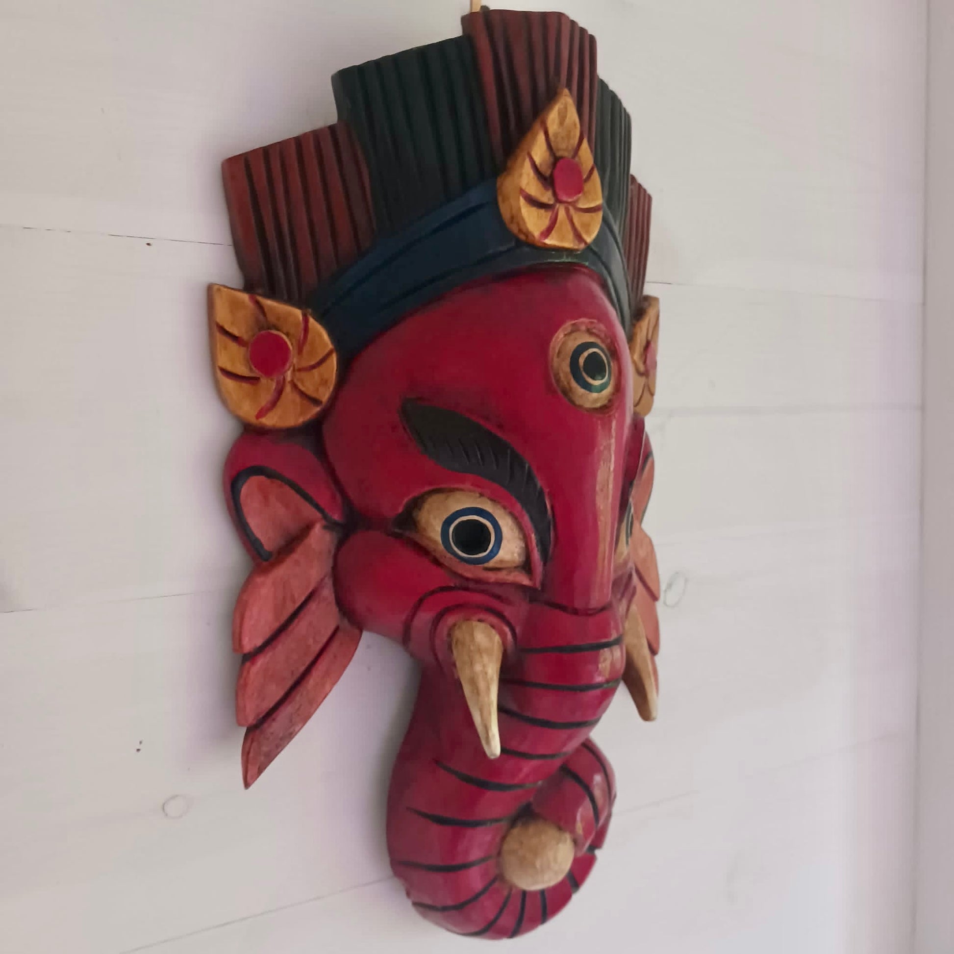 Hand Carved Ganesh Wooden Mask | Wall Hanging | Red