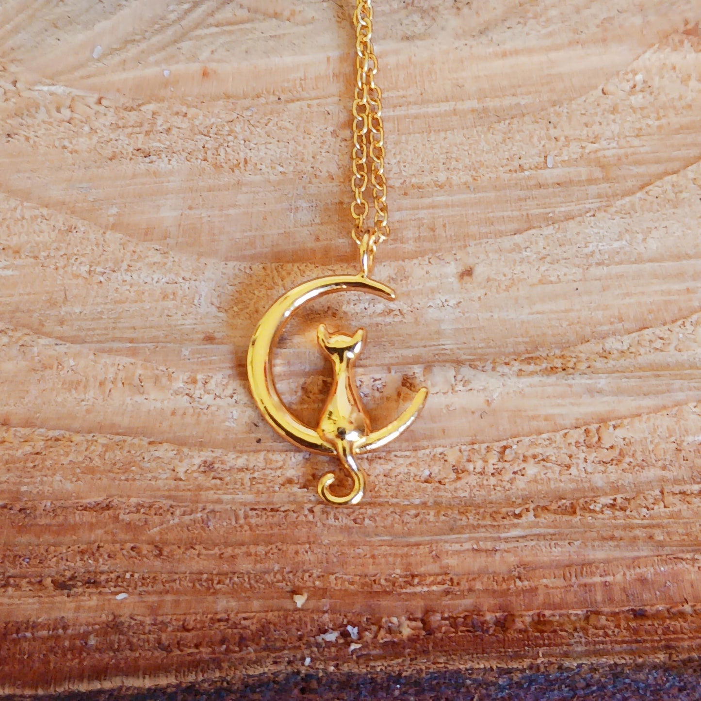 Cat on Crescent Moon Gold Plated Sterling Silver Pendant on Gold Plated Chain