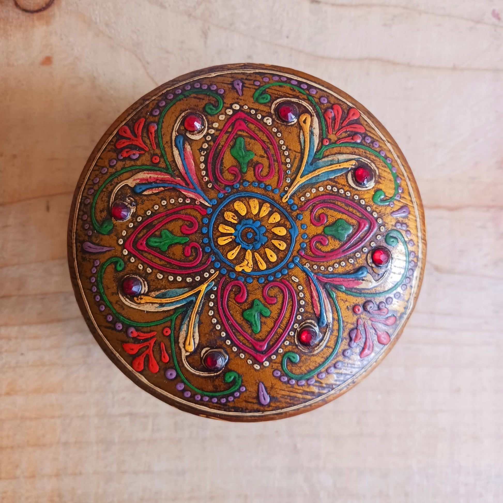 Hand painted Indian Round Jewellery Box  | Trinket Box | Brown