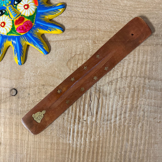 Buddha wooden incense ash catcher with brass inlay meditation holder