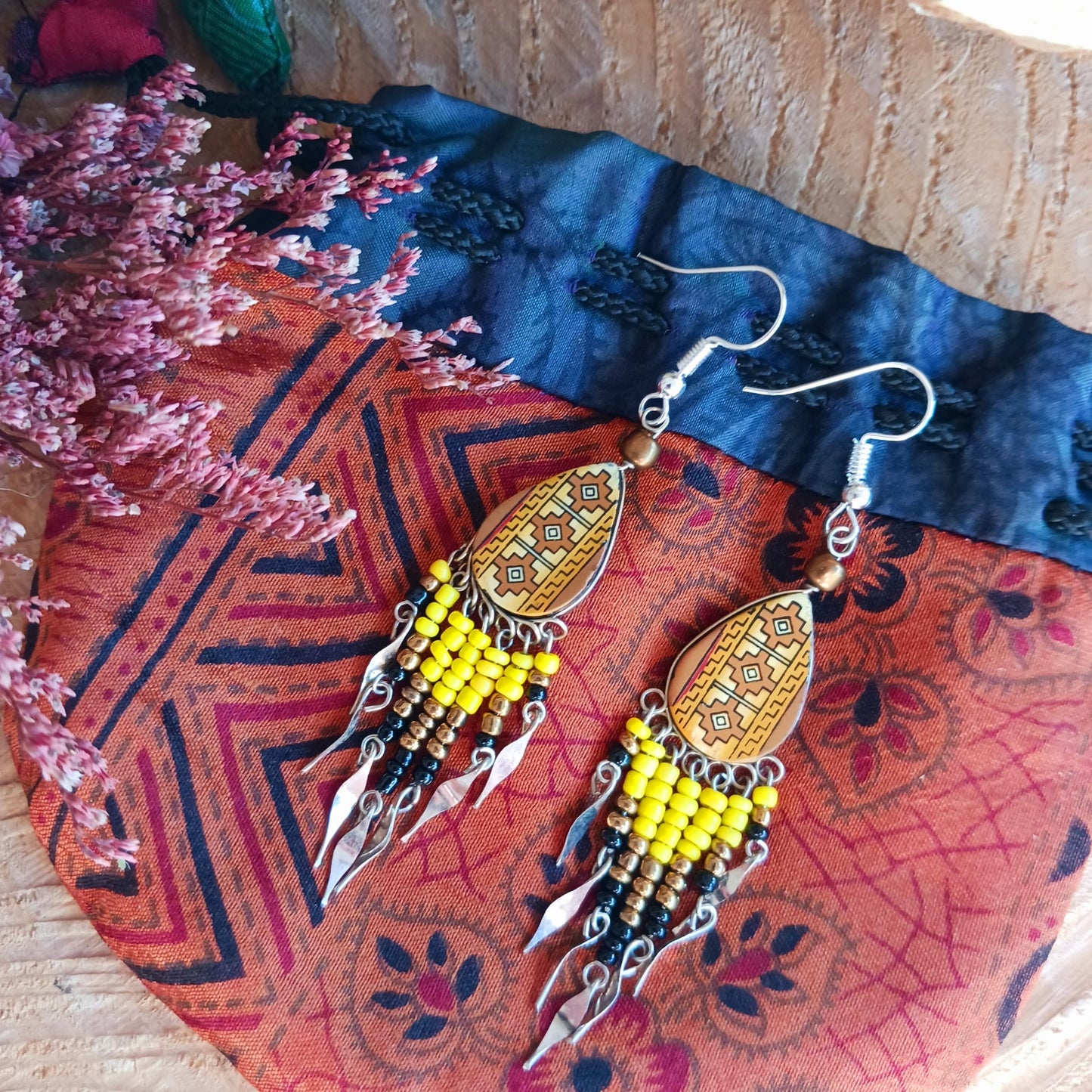 Incan Patterned Peruvian Tear Drop Earrings with Silver Plated Hooks