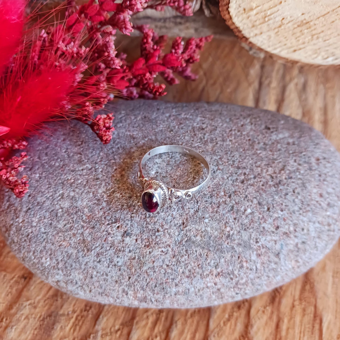 Garnet Spirals Nepalese Silver Ring | Size (8.5 )