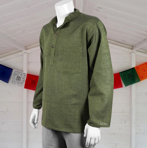 Nepalese Plain Colour Shirt | Khaki Green Cotton Grandad Hippie shirt 