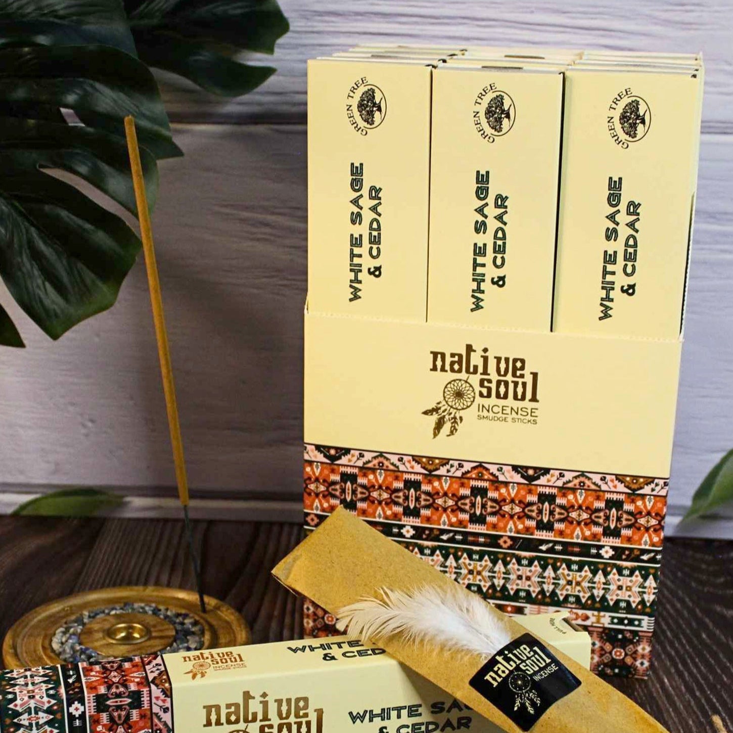 This White Sage and Cedar Native Soul Incense has been blended perfectly together to create a calming atmosphere whilst restoring balance to the mind and soul. The incense is beautifully packaged within a sliding box decorated with native American print on the outside and finished with a delicate feather on the inside Unlock the power of natural aromatherapy with our White Sage and Cedar Native Soul Incense. This carefully crafted blend creates a calming atmosphere that promotes balance of the mind and soul