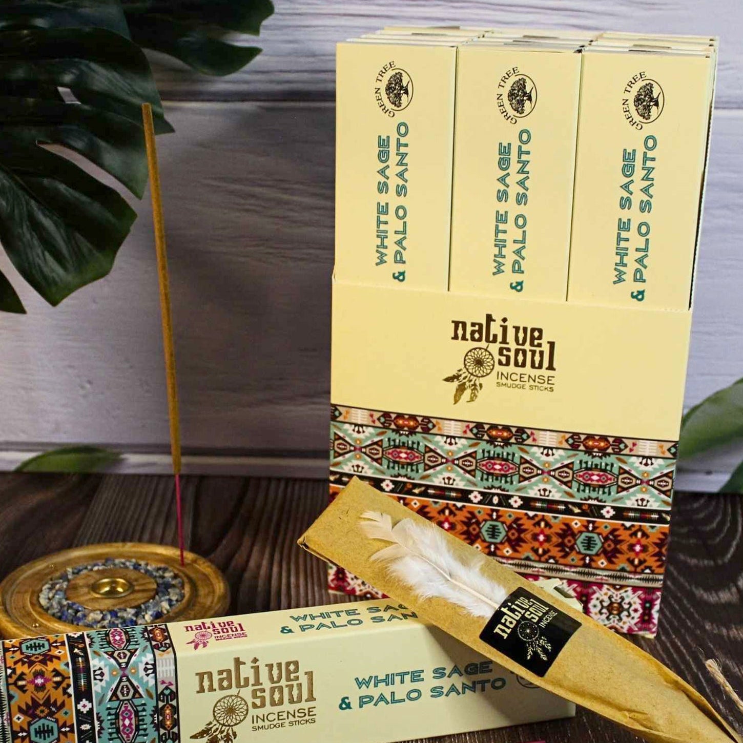 Palo Santo wood is used in the same way as white sage to cleanse negative energies and heal the body and soul. This White Sage &amp; Palo Santo Native Soul Incense has been blended perfectly together to create a calming atmosphere whilst restoring balance to the mind and soul. The incense is beautifully packaged within a sliding box decorated with native American print on the outside and finished with a delicate feather on the inside. Incense sticks