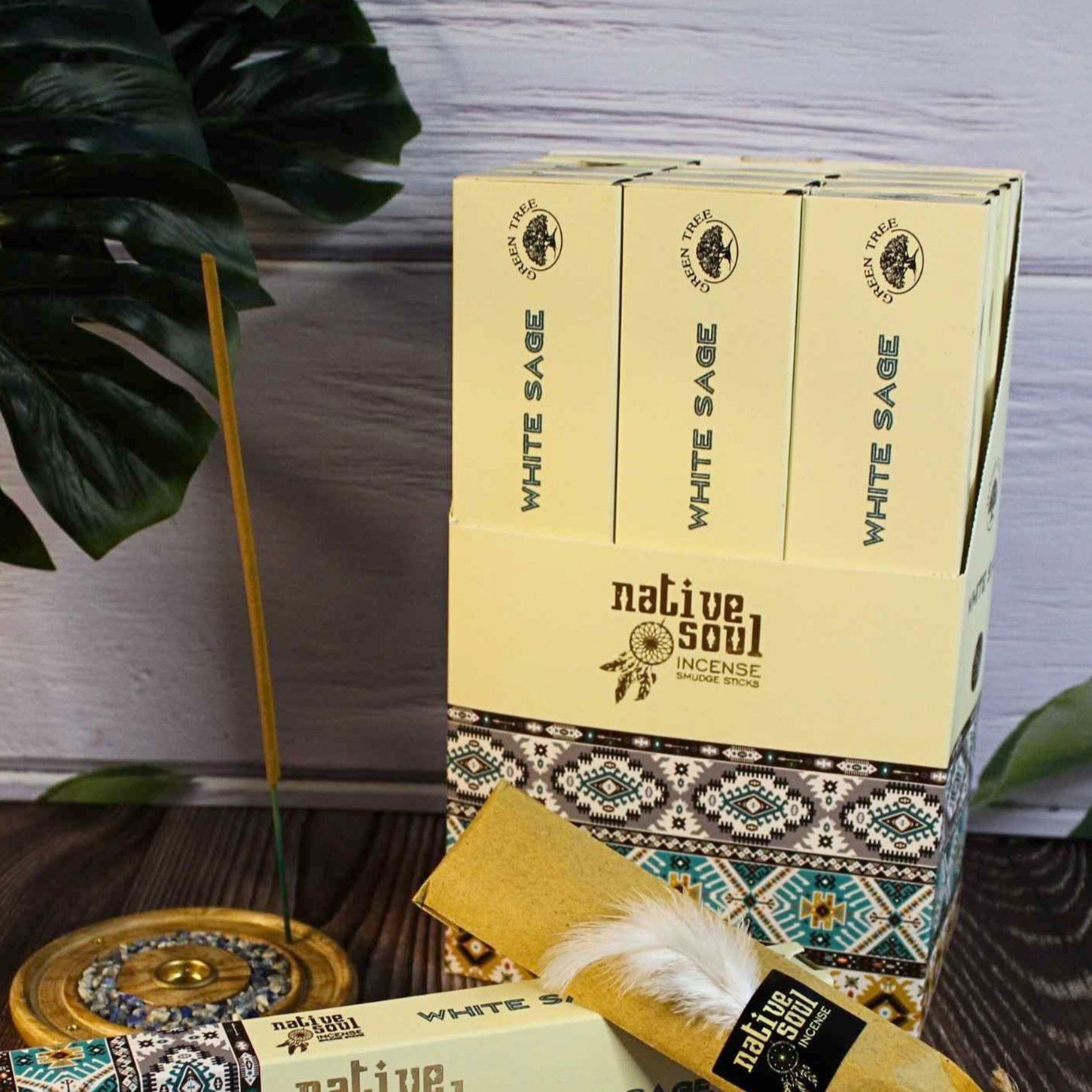 The Native Soul White Sage incense sticks are expertly blended to create a tranquil environment and promote inner balance. They come in a beautifully-designed sliding box with a native American print on the outside and a delicate feather on the inside, adding to the overall experience.

Each box contains 12 incense sticks and has a burn time of approx. 40 mins per stick.