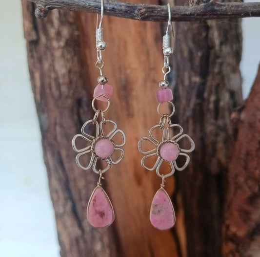 Peruvian Stone Drop Flower Earrings Silver Plated Hooks | Pink