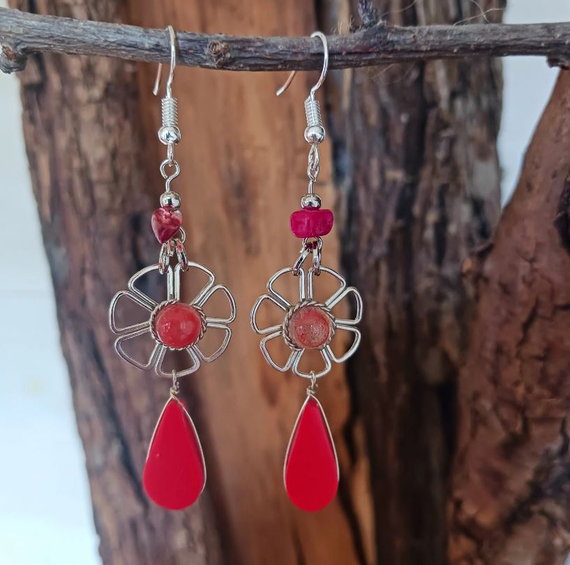 Peruvian Stone Drop Flower Earrings Silver Plated Hooks | Dark Orange