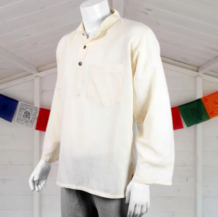 Aayam Men's Cotton Granddad Shirt - Hippie Plain Collarless Casual Long Sleeve - Festival Style (Various Colors)