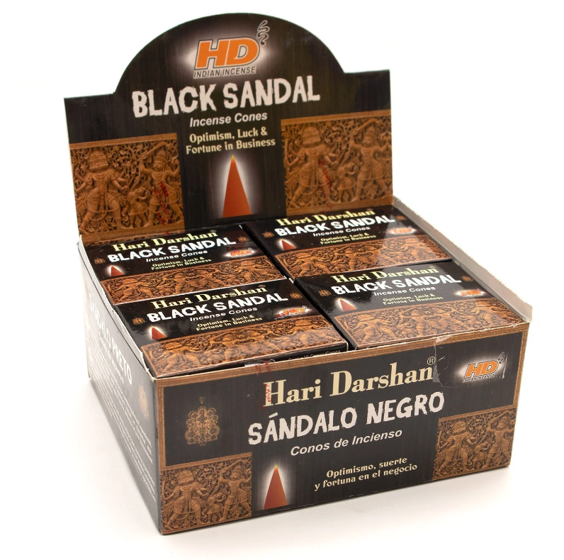 Box of Hari Darshan Black Sandal incense cones with branding on a white background