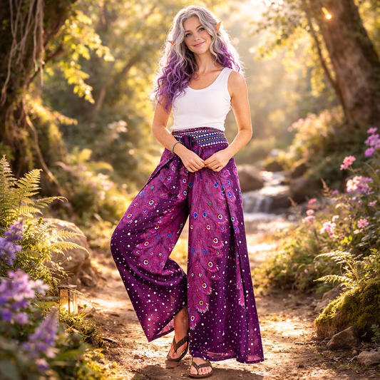 Peacock print rayon palazzo trousers handmade in Thailand. Lightweight, flowing festival, travel and meditation pants.
