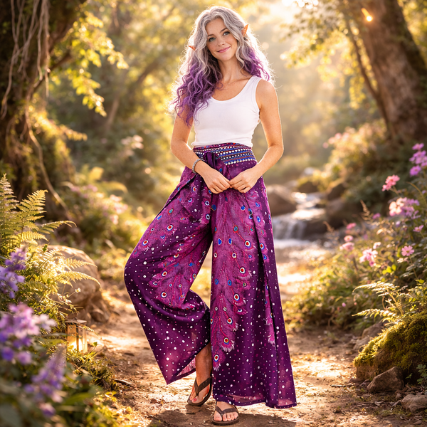 Peacock print rayon palazzo trousers handmade in Thailand. Lightweight, flowing festival, travel and meditation pants.