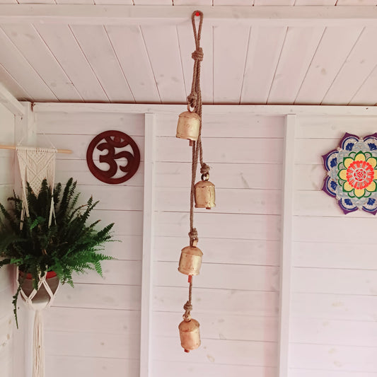 Four Rustic Cow Bells on Rope | Windchime