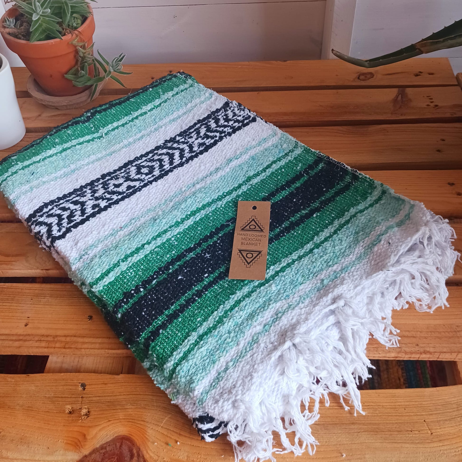 Mexican Falsa Blanket | Traditional hand loomed Tea Green   120cm × 185cm