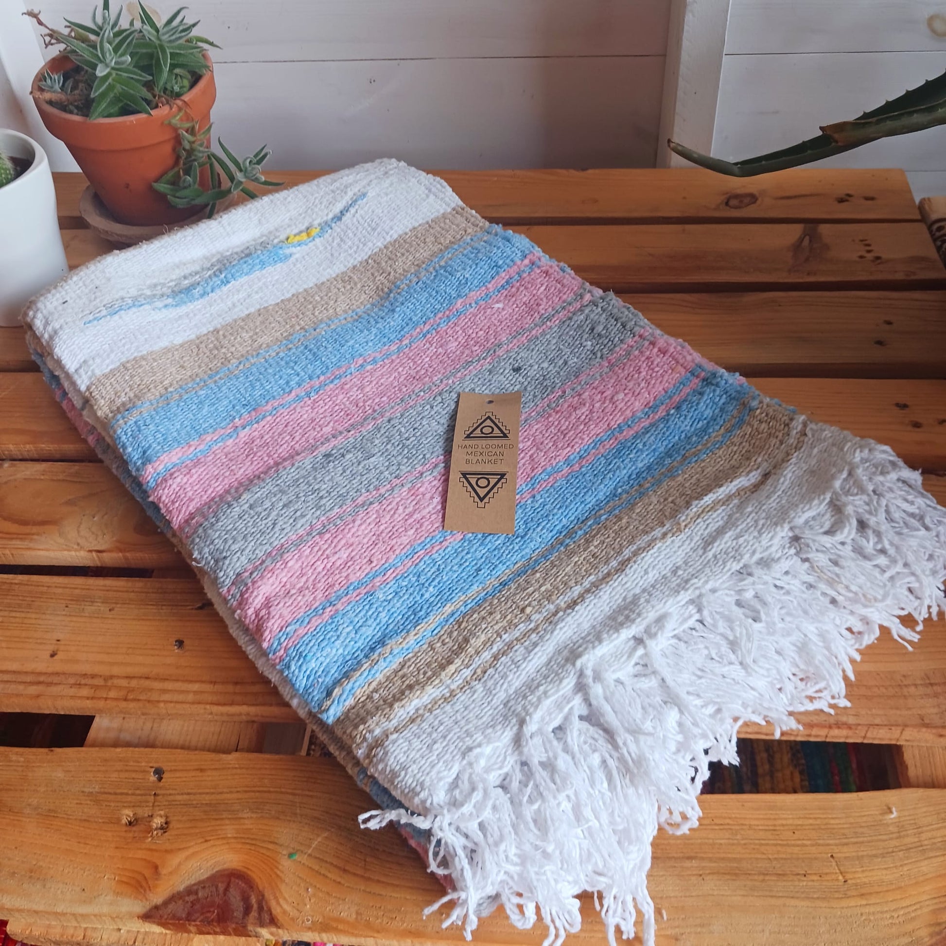 Mexican Bird Blanket - Pastel Stripe  | Traditional hand loomed Mexican Blanket