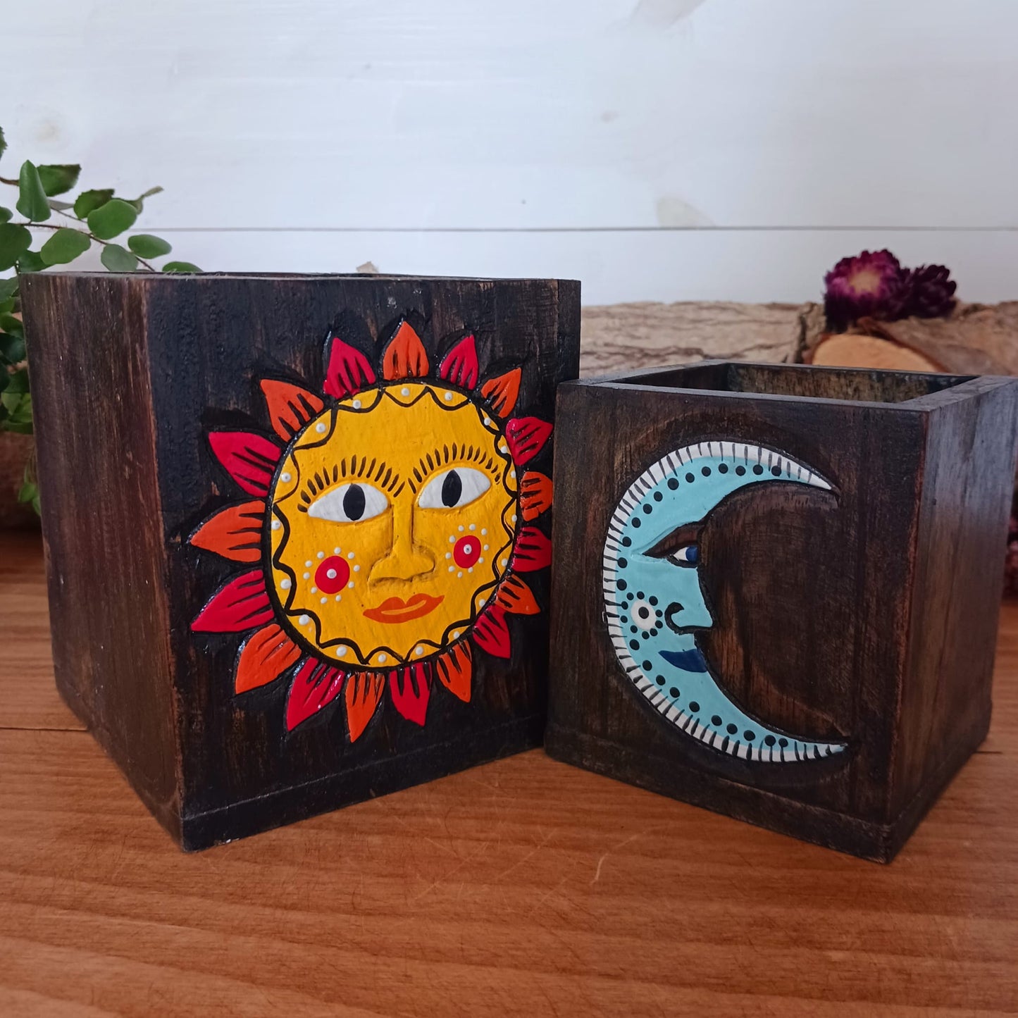 Set of Hand Painted Sun & Moon Wooden Pots