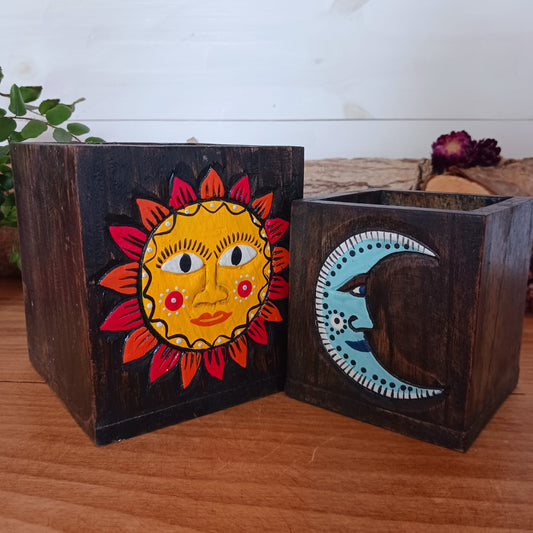 Set of Hand Painted Sun & Moon Wooden Pots