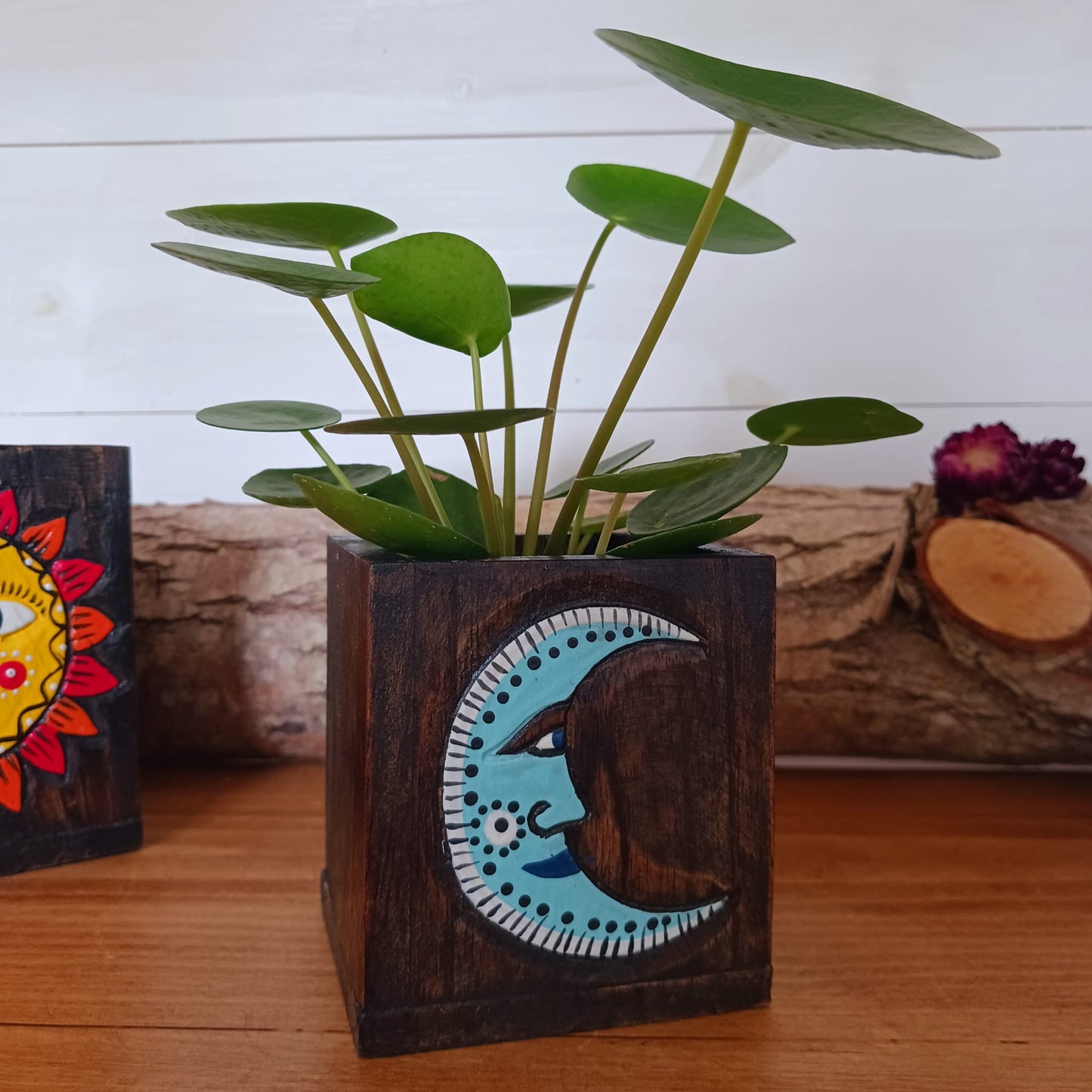 Set of Hand Painted Sun & Moon Wooden Pots