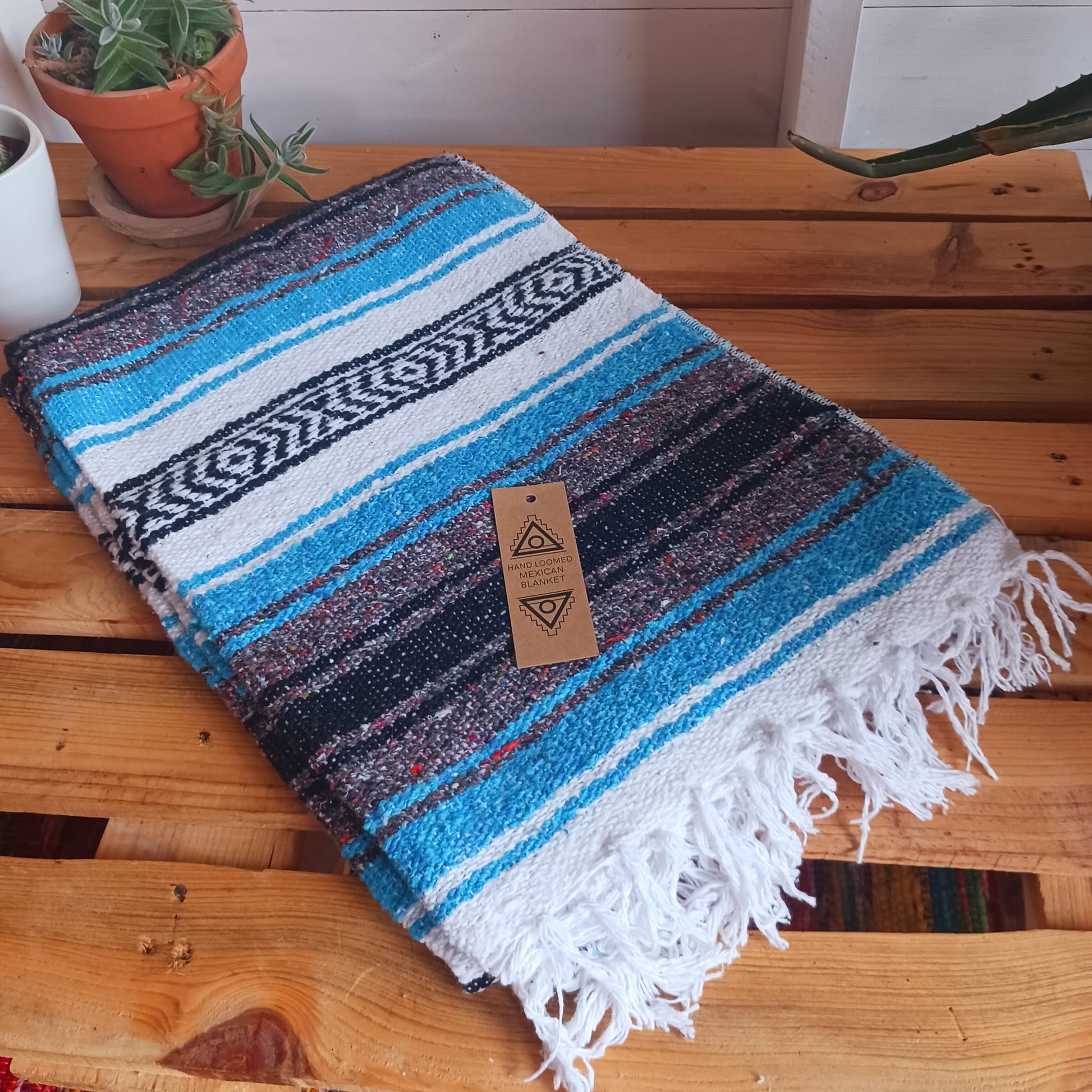 Mexican Falsa Blanket | Traditional hand loomed Rug  | Sky Blue  120cm × 185cm