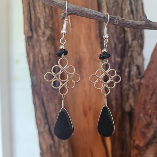 Peruvian Stone Drop Earrings Silver Plated Hooks | Black